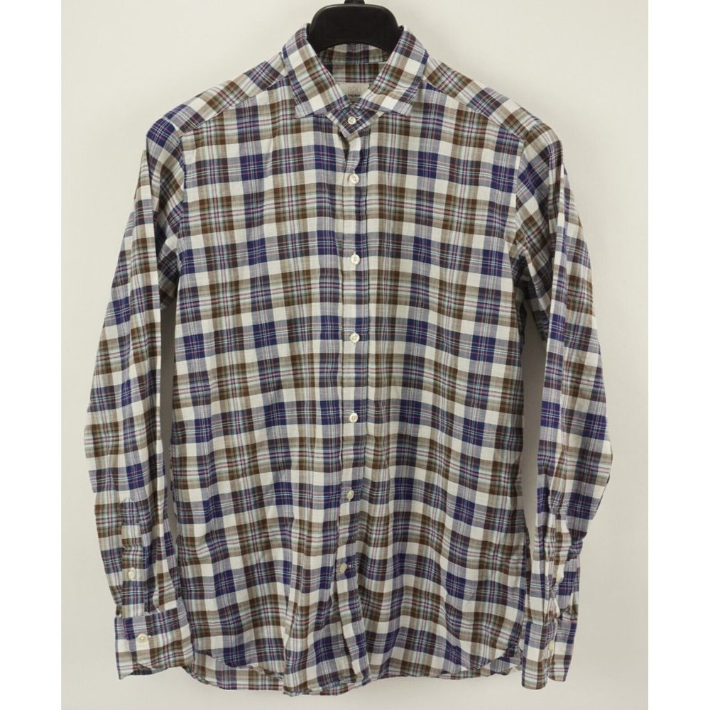 Caliban 820 Men's 40-15 3/4 White‎ Blue Brown Plaid Broadcloth Button Up Shirt